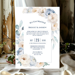 Invitation Elégante Réception de mariage Floral Bleu Blanc