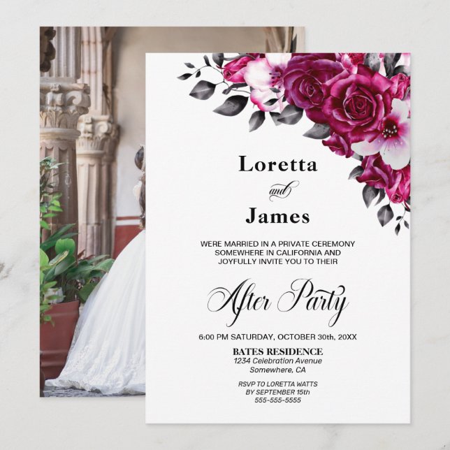 Invitation Elégante Réception De Mariage Floral Rose (Devant / Derrière)