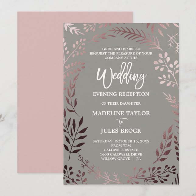 Invitation Elégante réception Rose Gold & Grey Mariage soirée (Devant / Derrière)