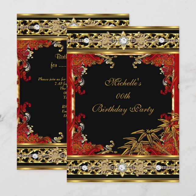 Invitation Elégante Red Asian Gold Bamboo fête d'anniversaire (Devant / Derrière)