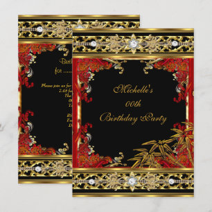 Invitation Elégante Red Asian Gold Bamboo fête d'anniversaire