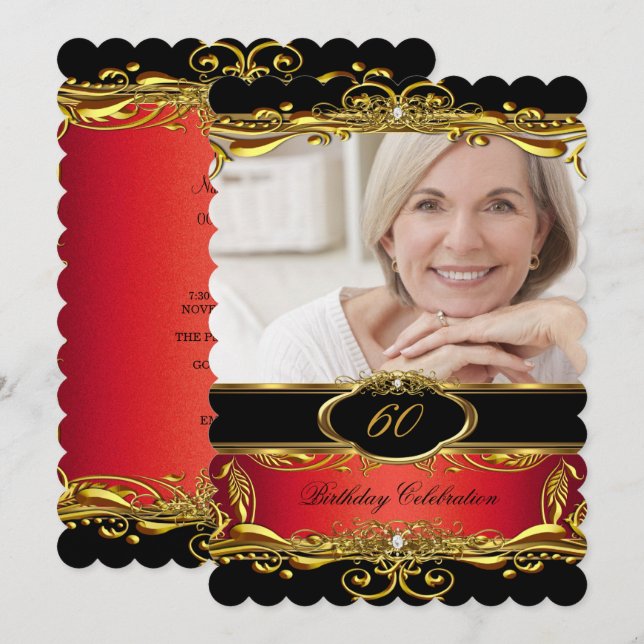 Invitation Élégante Red Black Gold 60e fête d'anniversaire (Devant / Derrière)