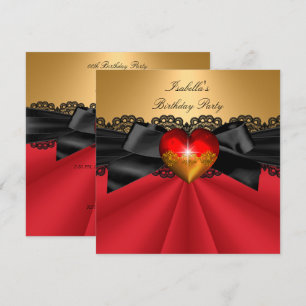 Invitation Élégante Red Black Gold Heart fête d'anniversaire