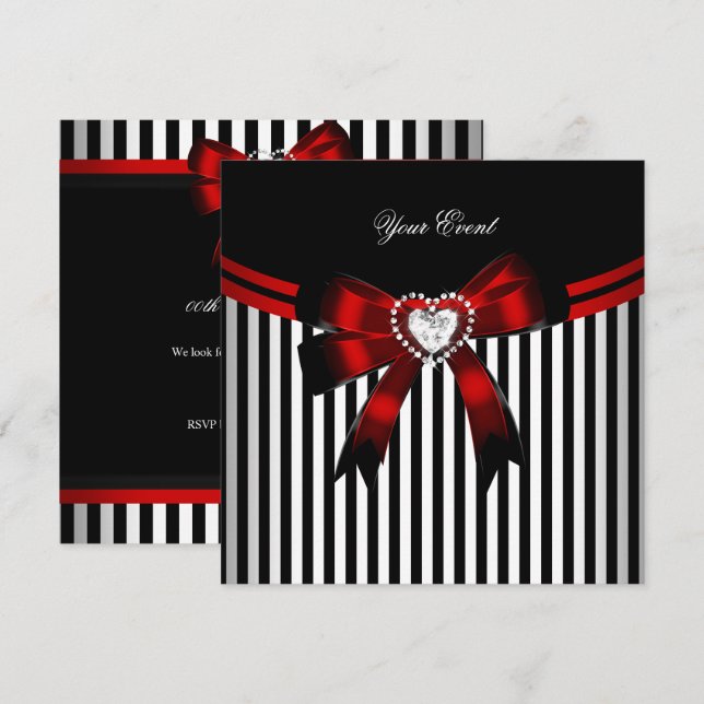 Invitation Elégante Red Black White Stripe Anniversaire (Devant / Derrière)