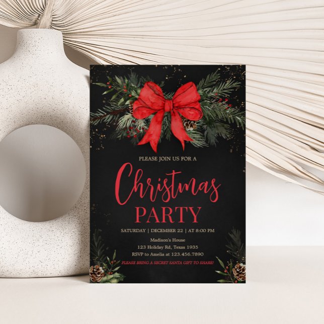 Invitation Elégante Red Bow Adult Company Noël Party (Elegant Adult Company Christmas Party Invitation)