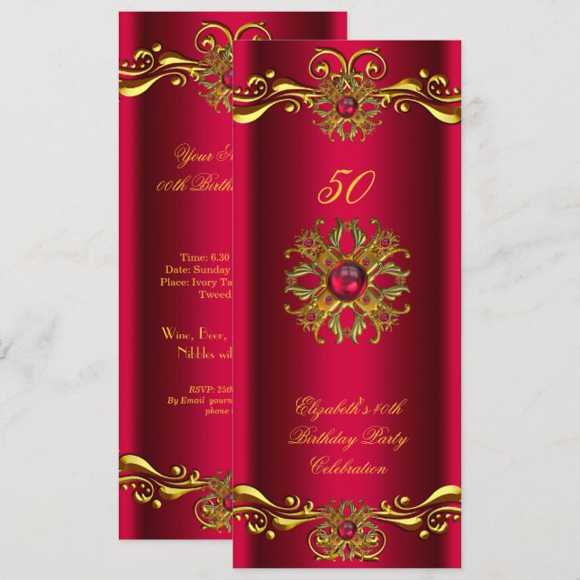 Invitation Elégante Red Cherry Jewel Gold Birthday Party (Devant / Derrière)