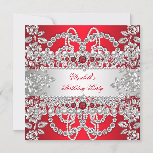 Invitation Elégante Red Diamonds Silver Floral fête d'anniver (Devant)