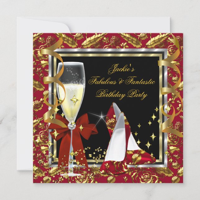 Invitation Elégante RED Floral Black Gold fête d'anniversaire (Devant)