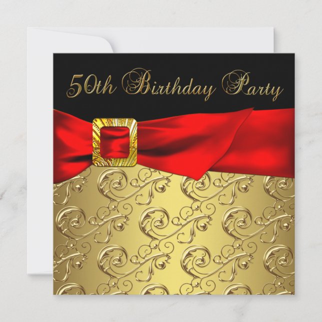 Invitation Élégante Red Gold Black Womans 50e fête d'annivers (Devant)