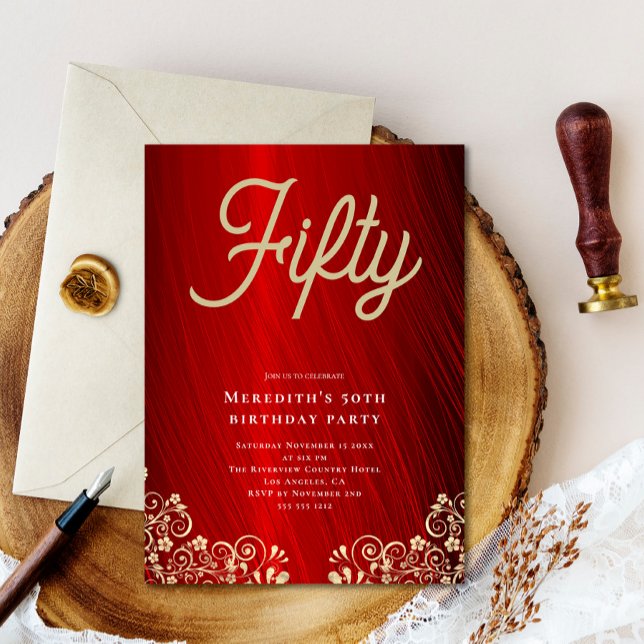 Invitation Élégante Red Gold Swirl 50e fête d'anniversaire (Créateur téléchargé)