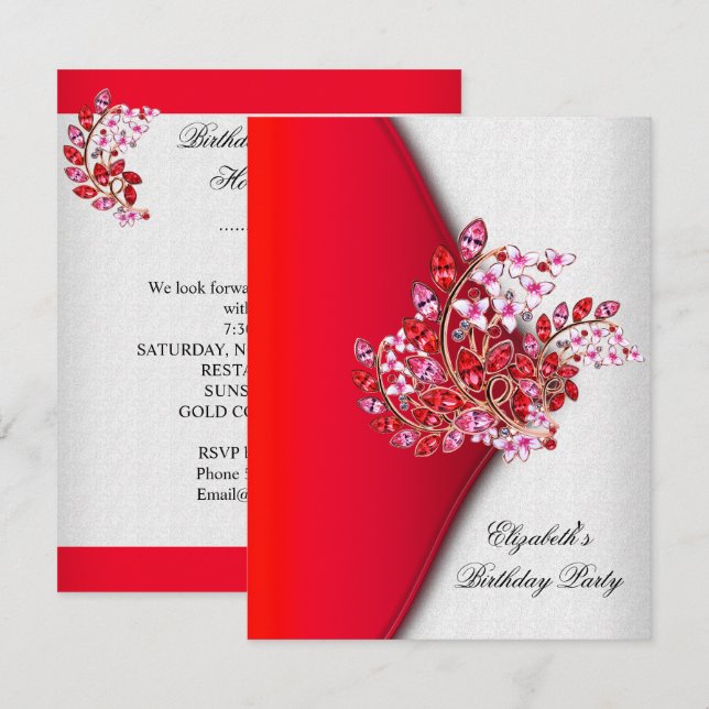 Invitation Elégante Red Pink White Jewel Anniversaire (Devant / Derrière)