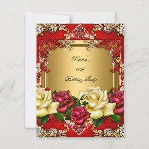Invitation Elégante Red Roses Gold Crème Floral fête d'annive