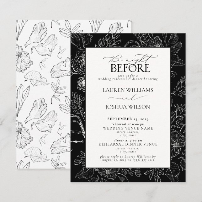 Invitation Élégante répétition de Mariage noir blanc (Devant / Derrière)
