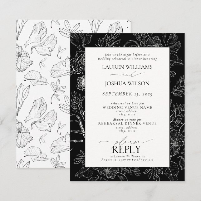 Invitation Élégante répétition de Mariages floraux noirs et b (Devant / Derrière)