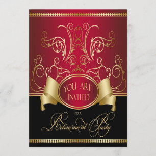 Invitation Élégante Retraite Party Red Gold & Bla