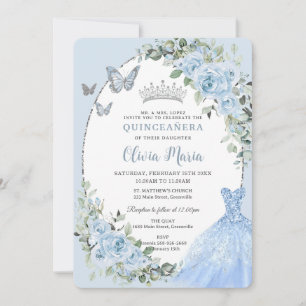 Invitation Elégante robe Bleu Floral Bleu Argent Quinceañera