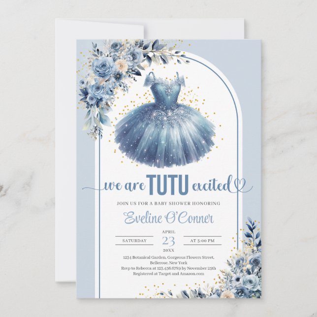 Invitation Elégante robe bleu tutu marine Baby shower floral (Devant)