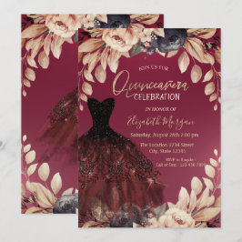 Invitation Elégante robe Bourgogne Floral Quinceañera