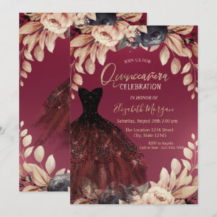 Invitation Elégante robe Bourgogne Floral Quinceañera
