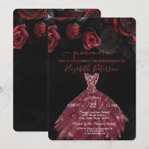 Invitation Élégante robe chic Roses rouges Quinceañera