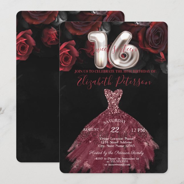 Invitation Élégante Robe Chic Rouge Roses Douce 16 Partie (Devant / Derrière)
