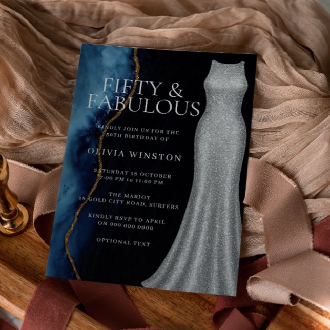 Invitation Elégante robe d'argent et la marine 50e fête d'ann (Créateur téléchargé)
