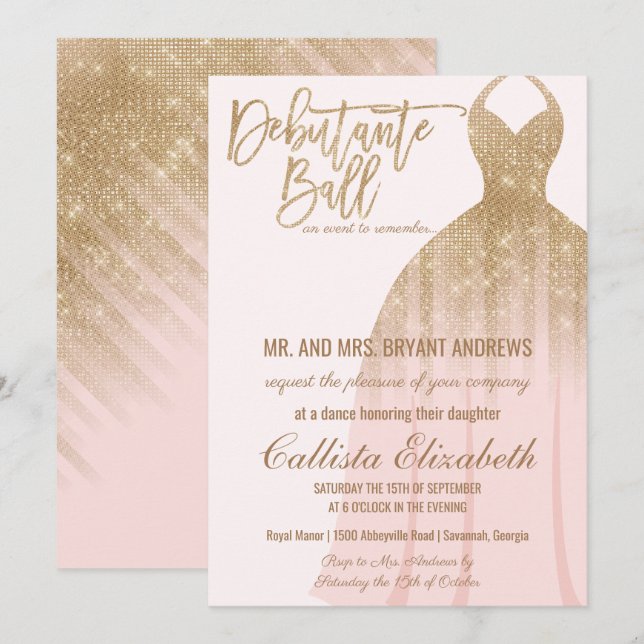 Invitation Elégante robe de Parties scintillant d'or rose Deb (Devant / Derrière)