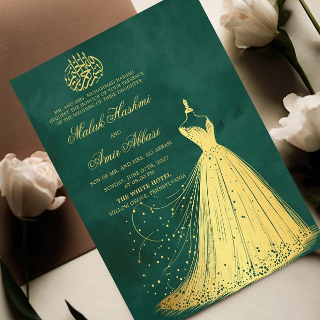 Invitation Elégante robe d'or Vert mariage musulman musulman  (Créateur téléchargé)
