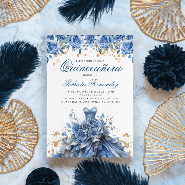 Invitation Elégante robe Floral Bleu Or Quinceanera (Créateur téléchargé)