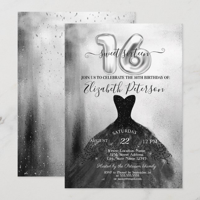 Invitation Élégante robe noire chic Silver Sweet 16 Party (Devant / Derrière)