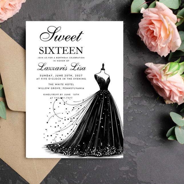 Invitation Elégante robe noire Sweet sixteen blanc Anniversai (Créateur téléchargé)