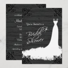 Invitation Élégante robe nuptiale sur bois noir rustique