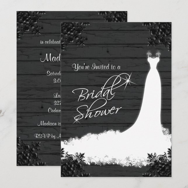 Invitation Élégante robe nuptiale sur bois noir rustique (Devant / Derrière)