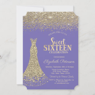 Invitation Élégante robe or Diamants Lavander Sweet 16