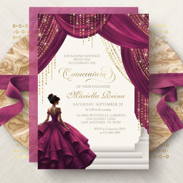 Invitation Élégante robe princesse Bourgogne Quinceanera (Créateur téléchargé)