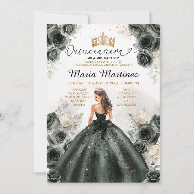 Invitation Élégante robe princesse noire Quiñceanera Floral (Devant)