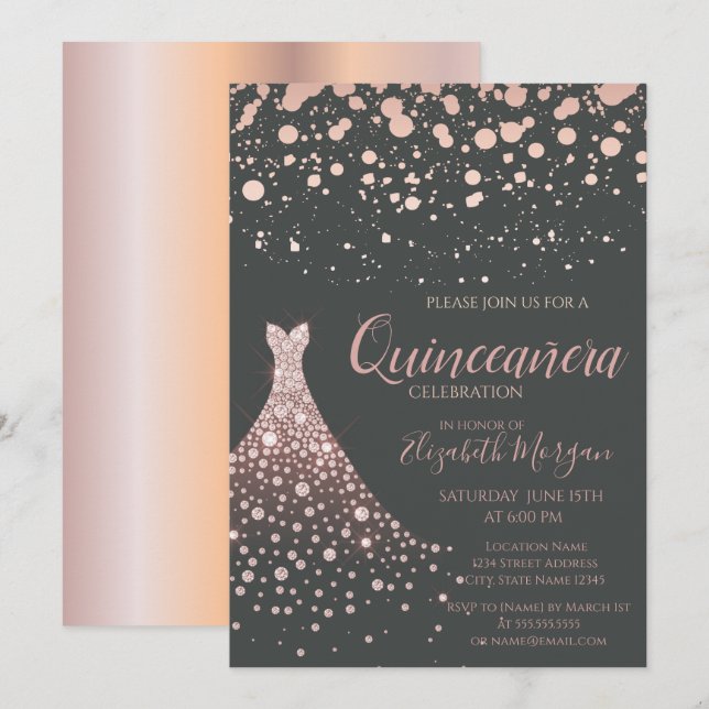 Invitation Élégante robe Rose en diamants or Quinceañera (Devant / Derrière)