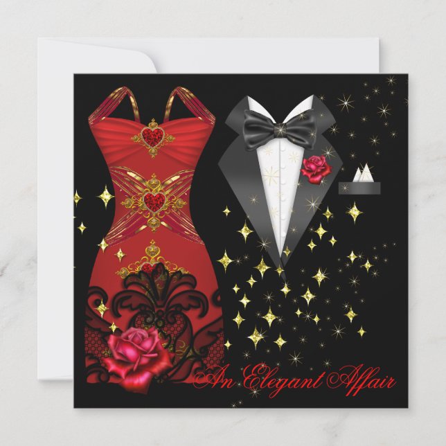 Invitation Elégante Robe Rouge Affair Cravate Noire Or Rouge  (Devant)