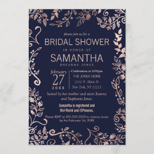 Invitation Elégante Rose bleu Gold Floral Fête de l'mariée