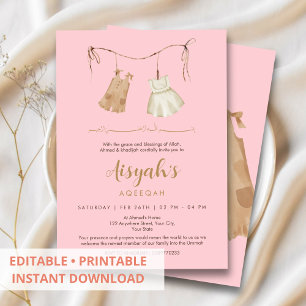 Invitation élégante rose et or pour Aqiqah de bébé