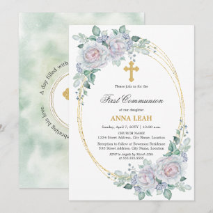 Invitation Élégante Rose Florale Croix d'or première communio