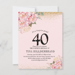 Invitation Elégante rose florale & Parties scintillant 40e fê