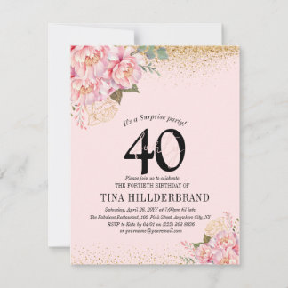 Invitation Elégante rose florale & Parties scintillant 40e fê