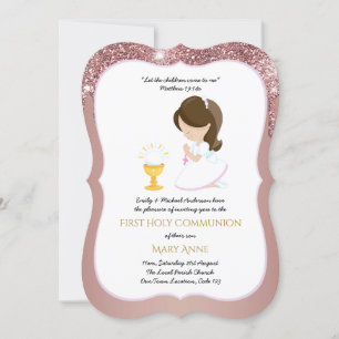 Invitation Élégante Rose Gold Girls Première Sainte Communion
