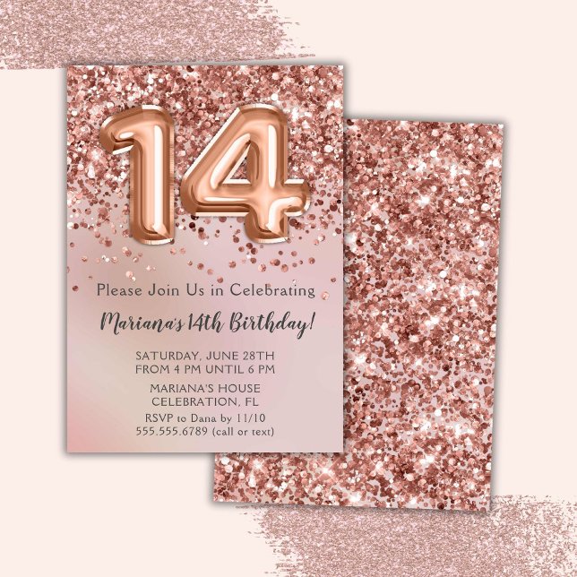 Invitation Élégante Rose Gold Kids Girl 14ème anniversaire fê (Créateur téléchargé)