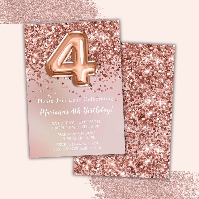 Invitation Élégante Rose Gold Kids Girl 4e fête d'anniversair (Créateur téléchargé)