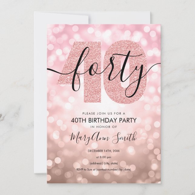 Invitation Elégante Rose moderne Gold 40th Birthday Party  (Devant)