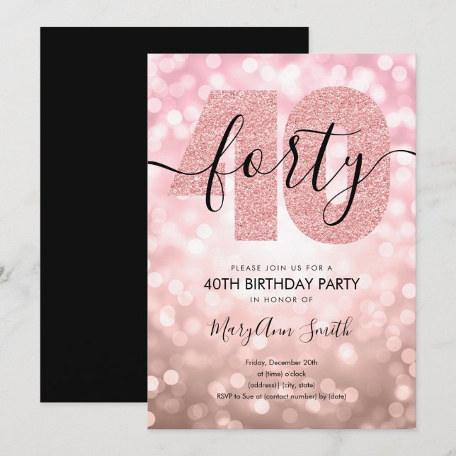 Invitation Elégante Rose moderne Gold 40th Birthday Party (Devant / Derrière)