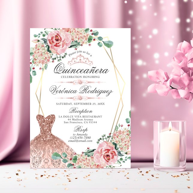 Invitation Elégante Rose Quinceañera Quince Crown Tiara (Elegant Pink Rose Quinceañera Quince Crown Tiara Invitation)