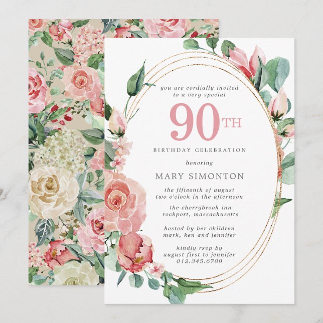 Invitation Elégante Rose Rose Floral 90e fête d'anniversaire (Devant / Derrière)